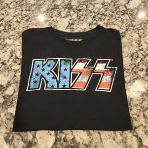 KISS Band T-Shirt M Black USA Flag Logo Graphic Tee Men’s Rock Tour Style EUC